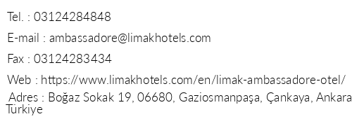 Limak Ambassadore Hotel Ankara telefon numaralar, faks, e-mail, posta adresi ve iletiim bilgileri